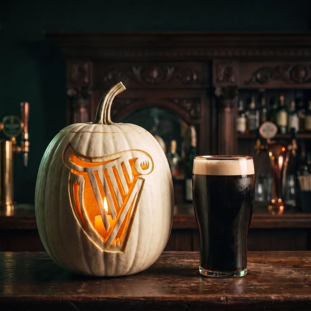 A white pumpkin carved with the K.C. Branaghan’s harp, glowing from a candle inside, beside a pint of stout on a dark wood bar